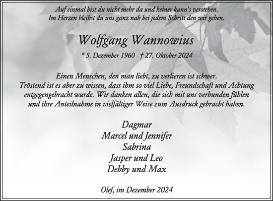 Traueranzeige von Wolfgang Wannowius von WochenSpiegel