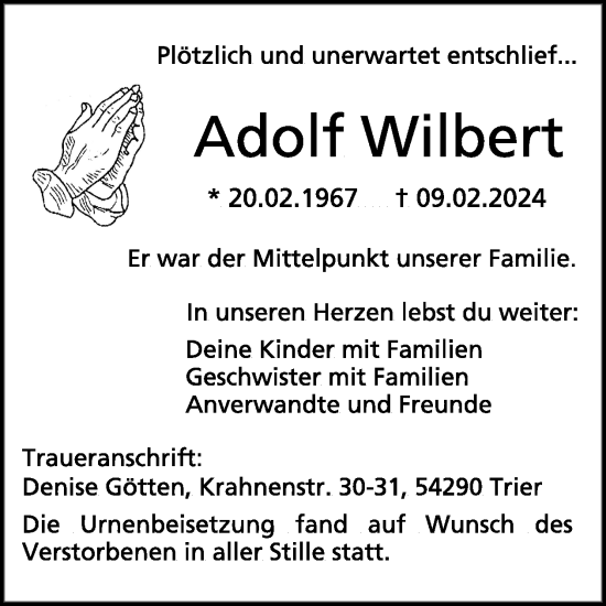 Traueranzeige von Adolf Wilbert von WochenSpiegel