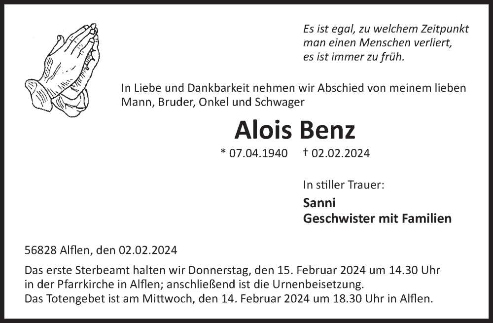  Traueranzeige für Alois Benz vom 07.02.2024 aus WochenSpiegel