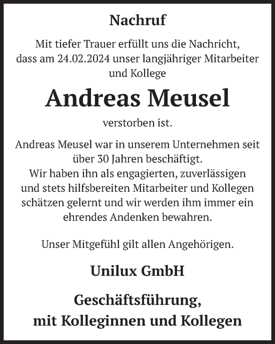 Traueranzeige von Andreas Meusel von WochenSpiegel