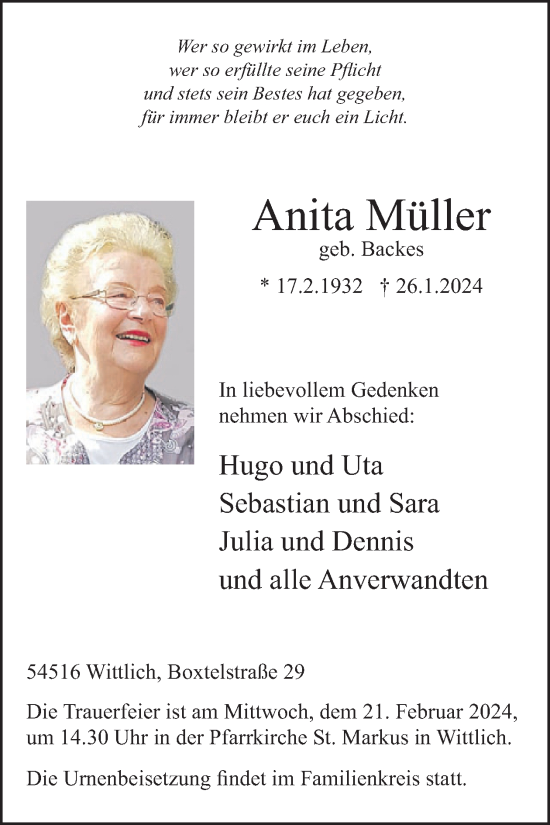 Traueranzeige von Anita Müller von WochenSpiegel