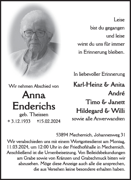 Traueranzeige von Anna Enderichs von WochenSpiegel