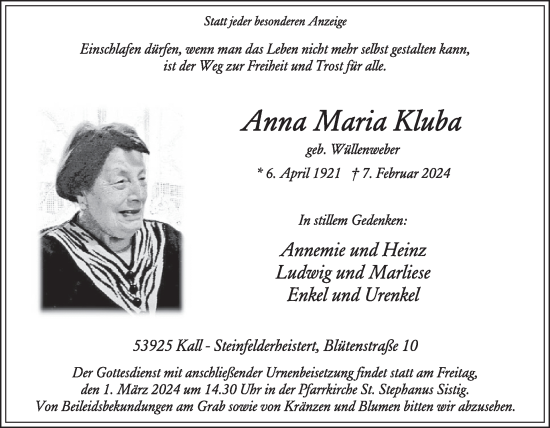 Traueranzeige von Anna Maria Kluba von WochenSpiegel