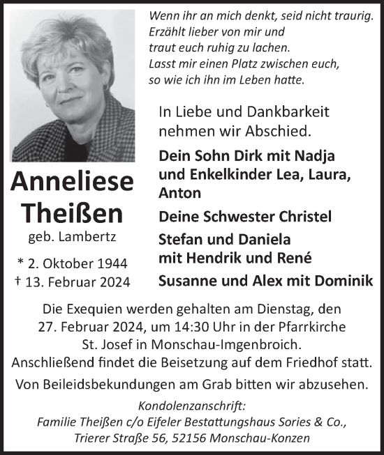 Traueranzeige von Anneliese Theißen von WochenSpiegel