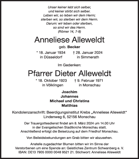 Traueranzeige von Anneliese und Dieter Alleweldt von WochenSpiegel