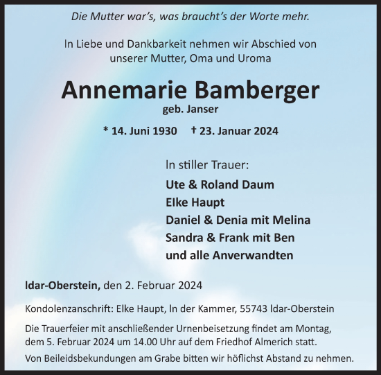 Traueranzeige von Annemarie Bamberger von WochenSpiegel