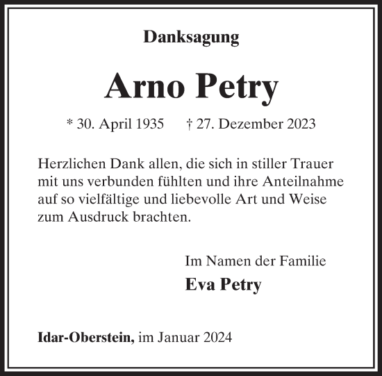 Traueranzeige von Arno Petry von WochenSpiegel