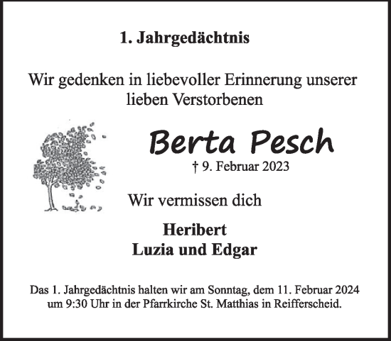 Traueranzeige von Berta Pesch von WochenSpiegel