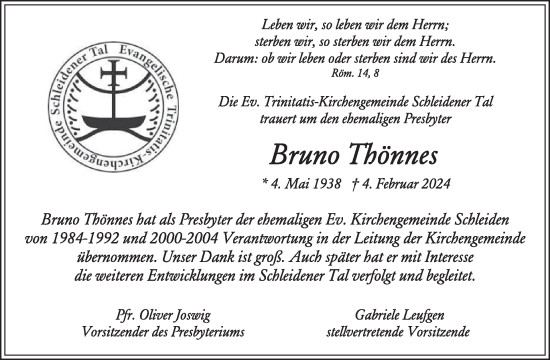 Traueranzeige von Bruno Thönnes von WochenSpiegel