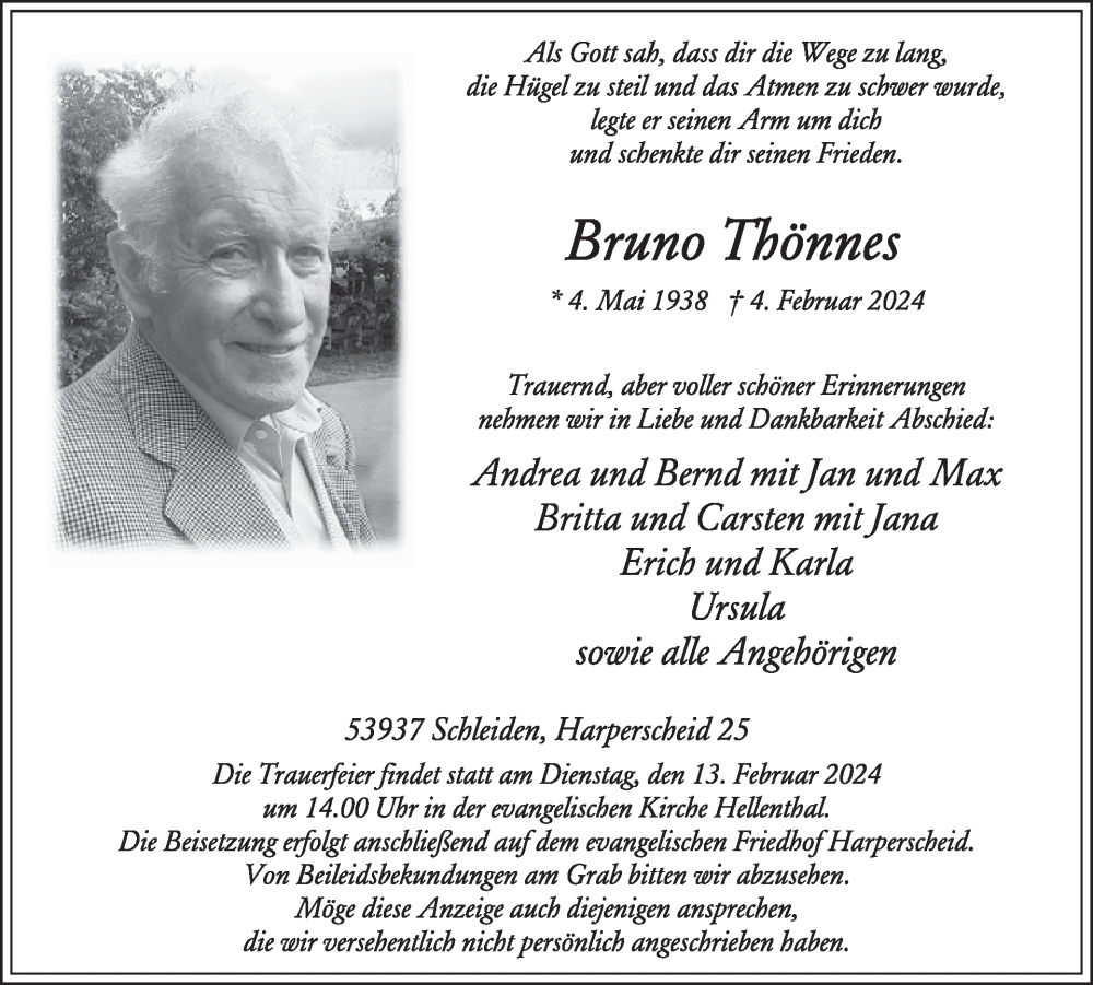  Traueranzeige für Bruno Thönnes vom 07.02.2024 aus WochenSpiegel