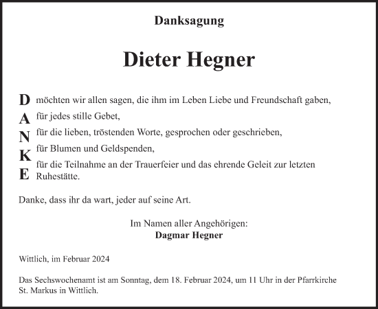 Traueranzeige von Dieter Hegner von WochenSpiegel