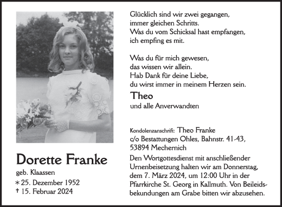 Traueranzeige von Dorette Franke von WochenSpiegel