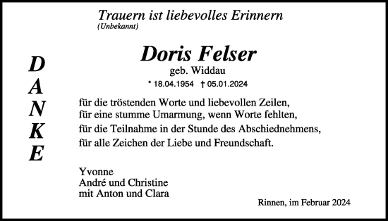 Traueranzeige von Doris Felser von WochenSpiegel