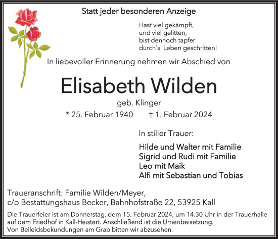 Traueranzeige von Elisabeth Wilden von WochenSpiegel