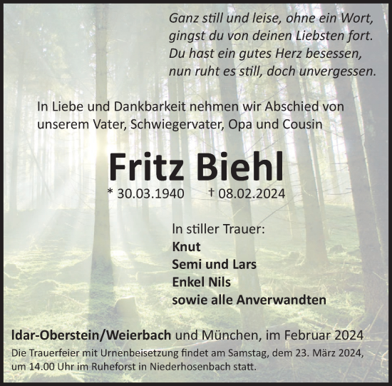 Traueranzeige von Fritz Biehl von WochenSpiegel