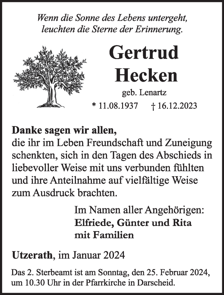  Traueranzeige für Gertrud Hecken vom 10.02.2024 aus WochenSpiegel