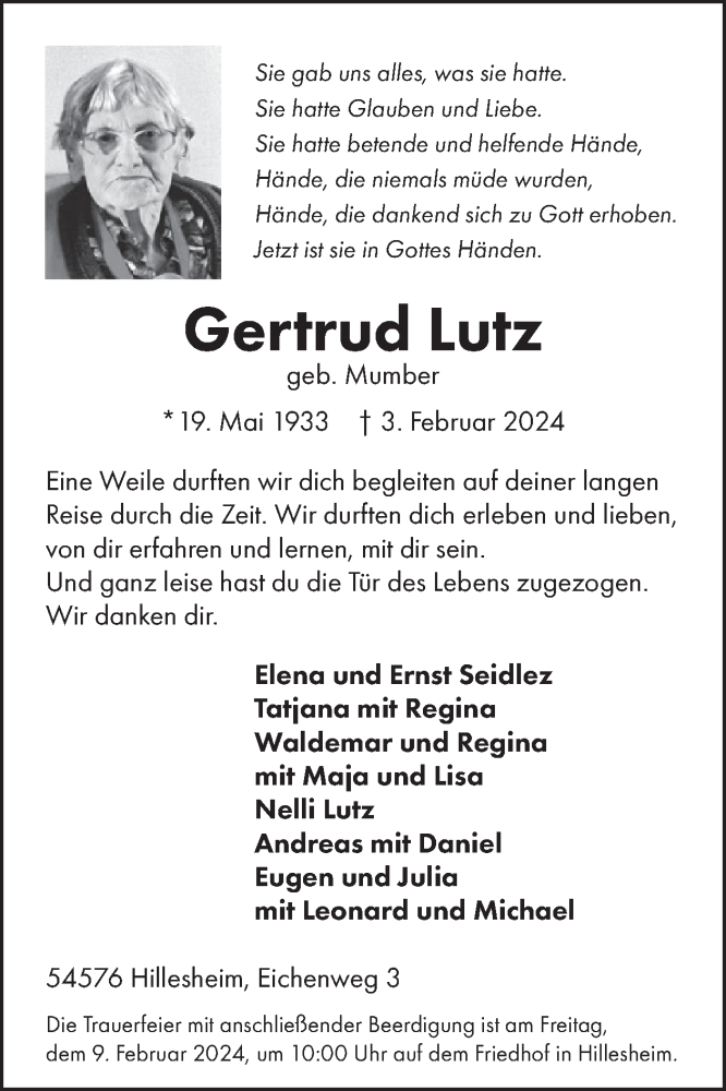  Traueranzeige für Gertrud Lutz vom 10.02.2024 aus WochenSpiegel