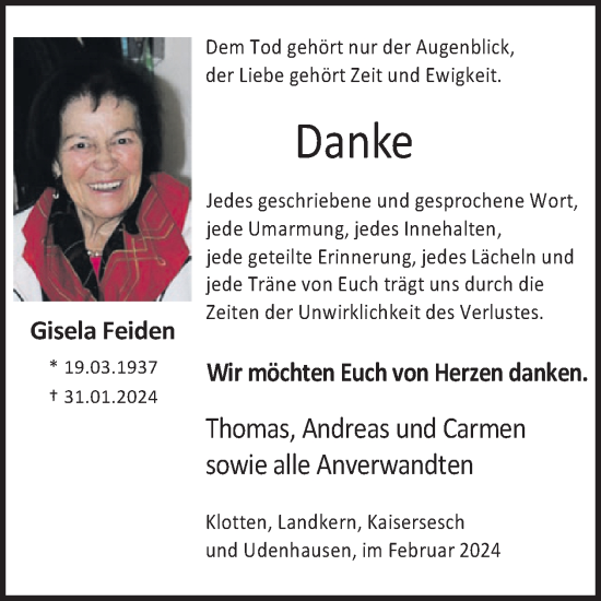 Traueranzeige von Gisela Feiden von WochenSpiegel