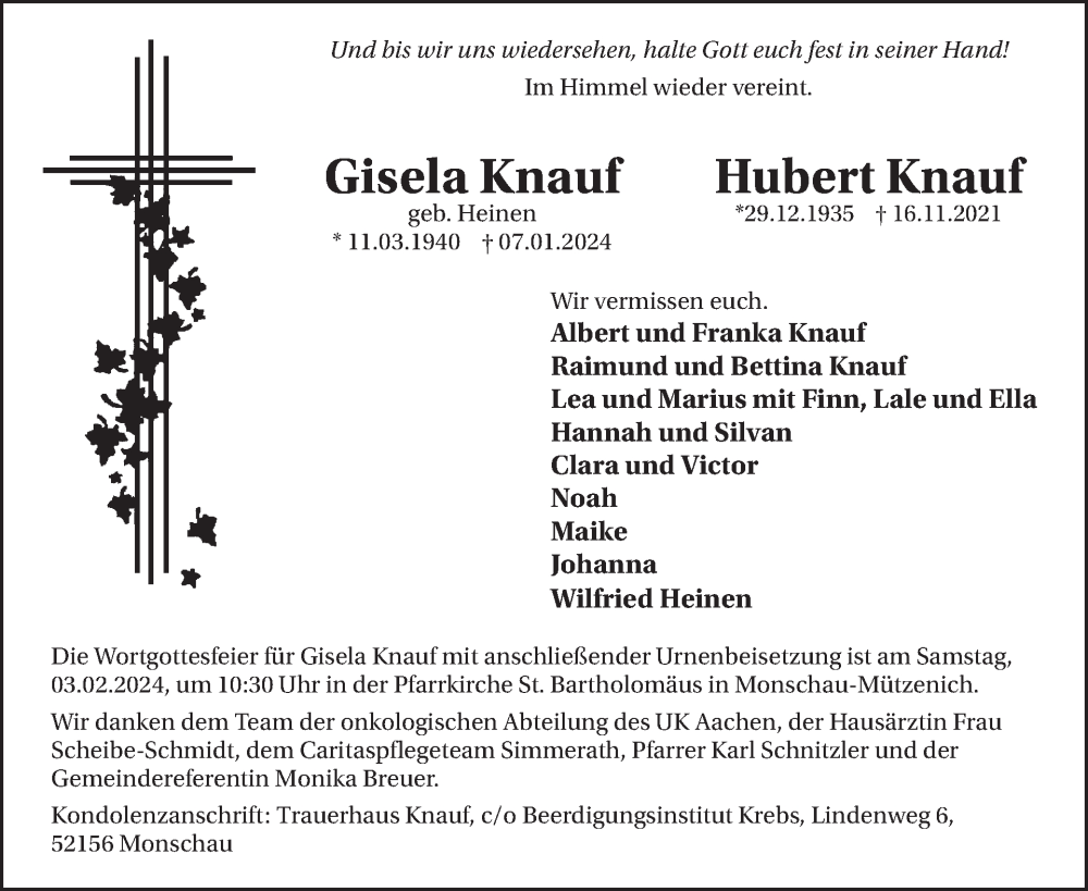  Traueranzeige für Gisela und Hubert Knauf vom 24.01.2024 aus WochenSpiegel