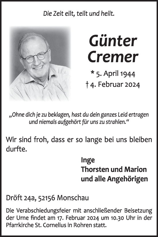 Traueranzeige von Günter Cremer von WochenSpiegel