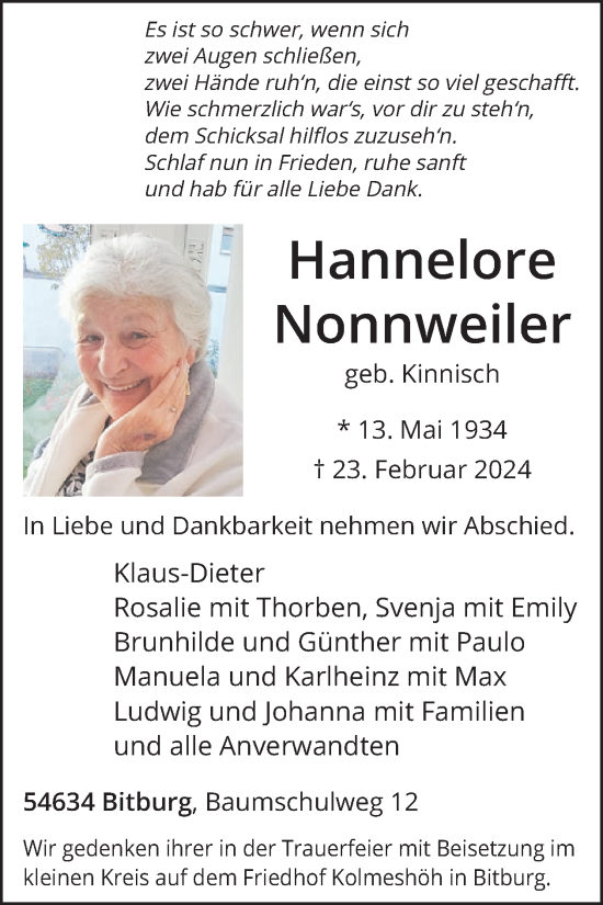 Traueranzeige von Hannelore Nonnweiler von WochenSpiegel