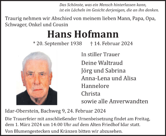 Traueranzeige von Hans Hofmann von WochenSpiegel