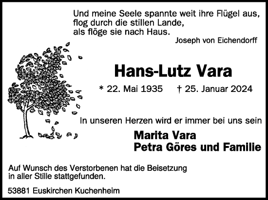 Traueranzeige von Hans-Lutz Vara von WochenSpiegel