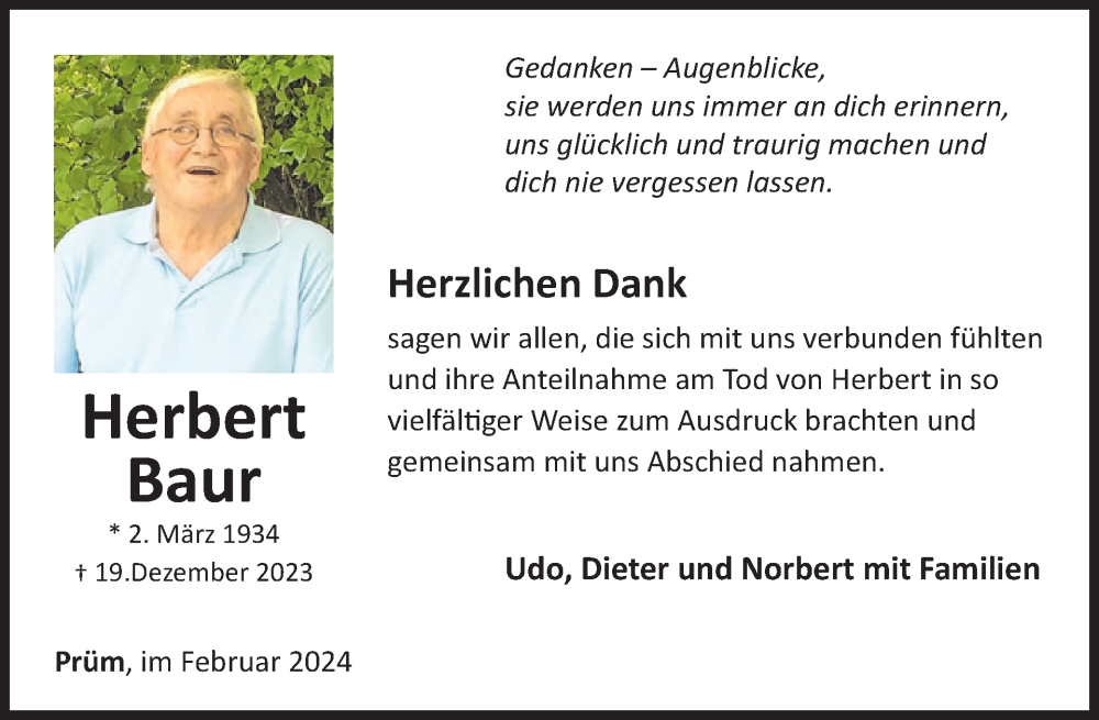  Traueranzeige für Herbert Baur vom 10.02.2024 aus WochenSpiegel