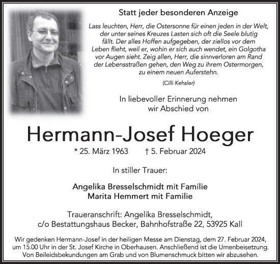 Traueranzeige von Hermann-Josef Hoeger von WochenSpiegel