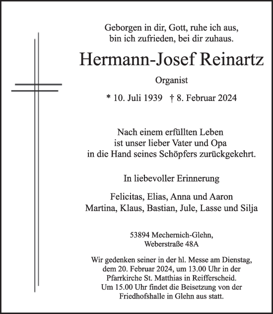 Traueranzeige von Hermann-Josef Reinartz von WochenSpiegel