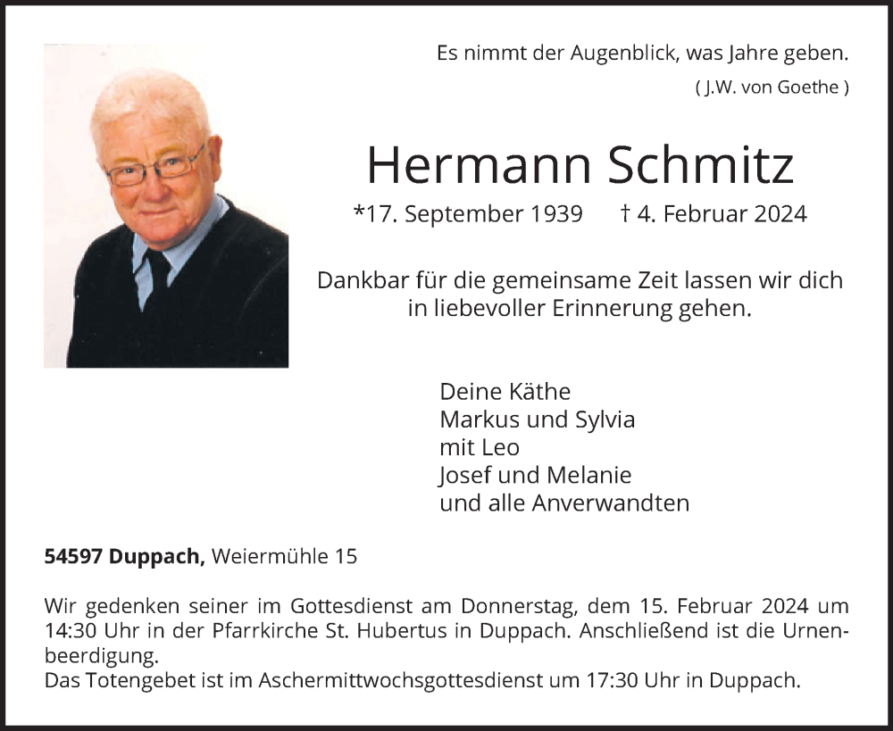  Traueranzeige für Hermann Schmitz vom 10.02.2024 aus WochenSpiegel