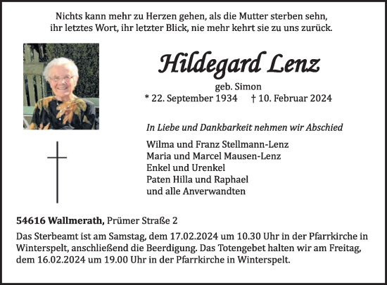 Traueranzeige von Hildegard Lenz von WochenSpiegel