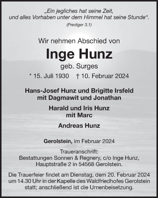 Traueranzeige von Inge Hunz von WochenSpiegel