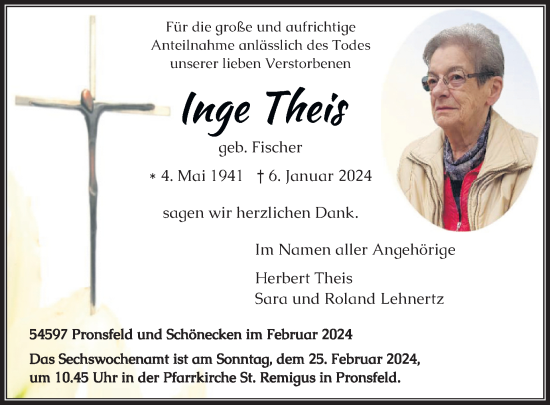 Traueranzeige von Inge Theis von WochenSpiegel