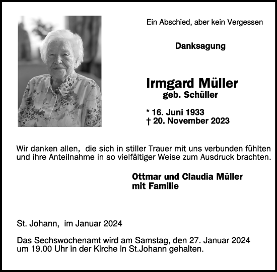 Traueranzeige von Irmgard Müller von WochenSpiegel