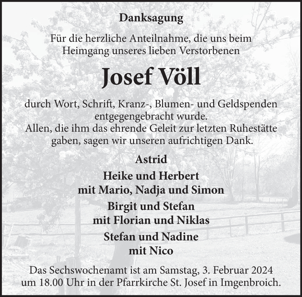  Traueranzeige für Josef Völl vom 24.01.2024 aus WochenSpiegel