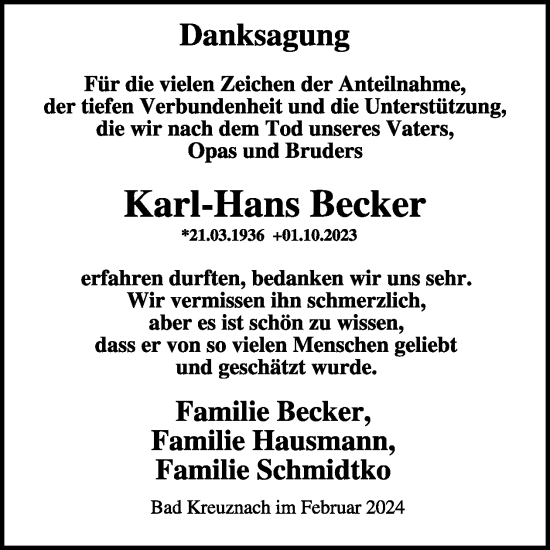 Traueranzeige von Karl-Hans Becker von WochenSpiegel