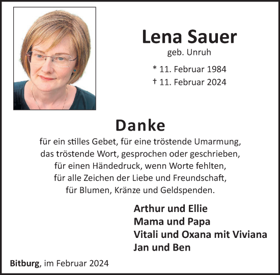 Traueranzeige von Lena Sauer von WochenSpiegel