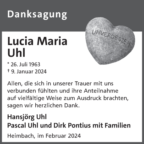 Traueranzeige von Lucia Maria Uhl von WochenSpiegel