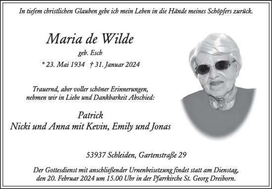 Traueranzeige von Maria de Wilde von WochenSpiegel