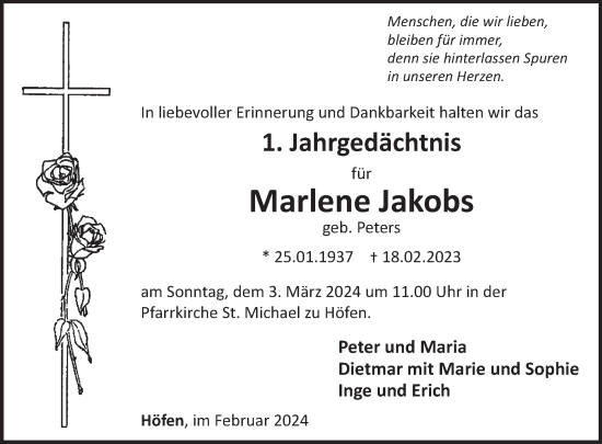 Traueranzeige von Marlene Jakobs von WochenSpiegel