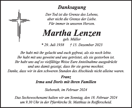 Traueranzeige von Martha Lenzen von WochenSpiegel