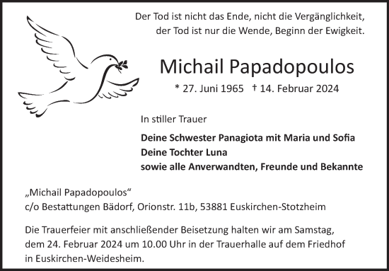 Traueranzeige von Michail Papadopoulos von WochenSpiegel