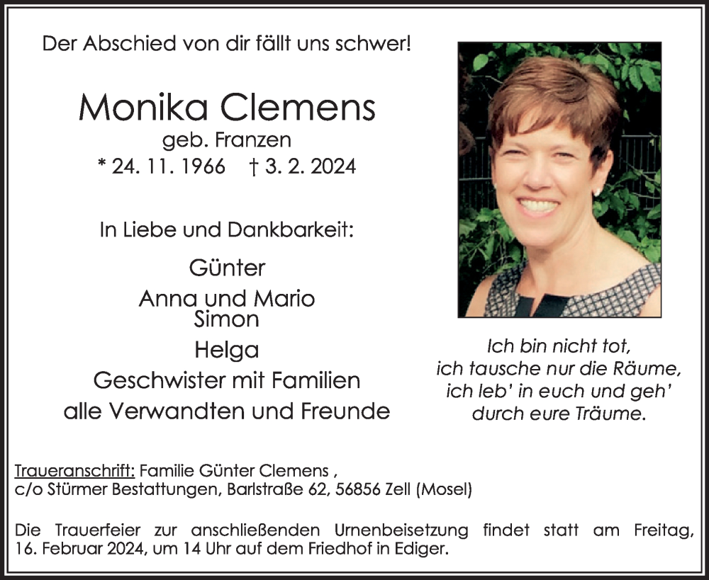  Traueranzeige für Monika Clemens vom 07.02.2024 aus WochenSpiegel