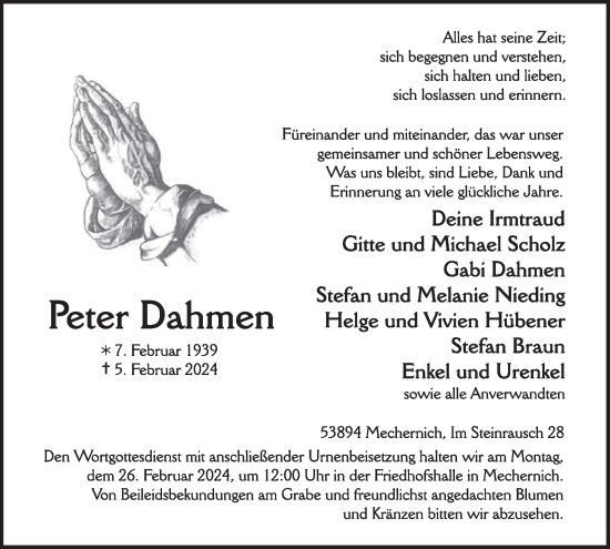 Traueranzeige von Peter Dahmen von WochenSpiegel