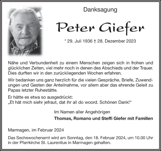 Traueranzeige von Peter Giefer von WochenSpiegel