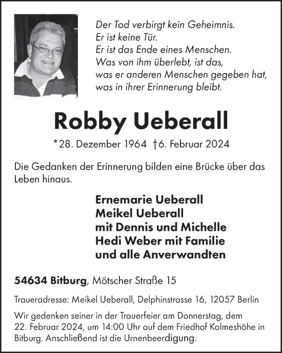 Traueranzeige von Robby Ueberall von WochenSpiegel