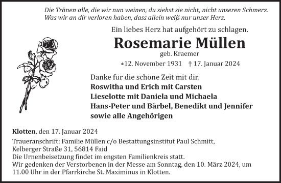 Traueranzeige von Rosemarie Müllen von WochenSpiegel