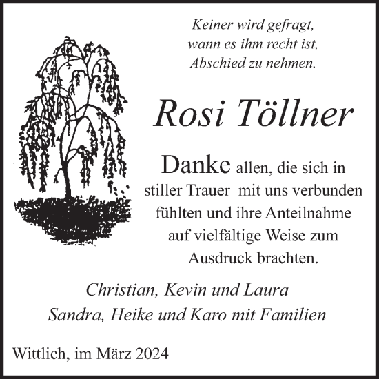 Traueranzeige von Rosi Töllner von WochenSpiegel