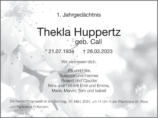 Traueranzeige von Thekla Huppertz von WochenSpiegel